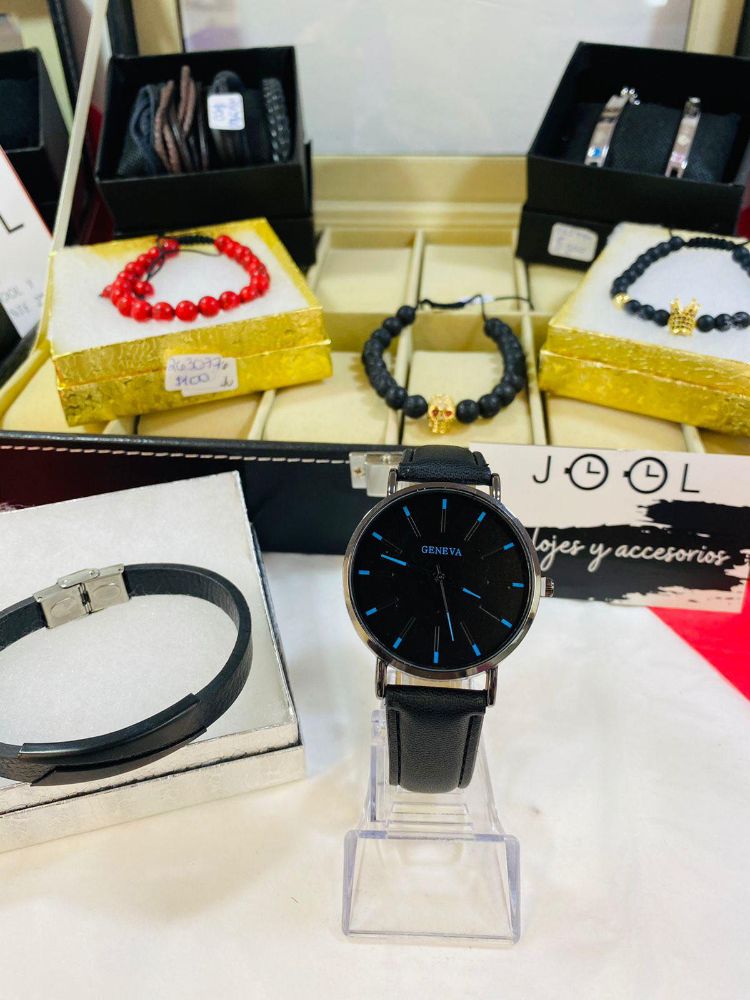 RELOJ GENEVA CORD PIEL NEGRO C AZUL