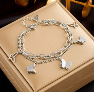 Pulsera Doble Mariposas Plateada