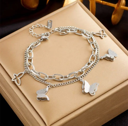 Pulsera Doble Mariposas Plateada