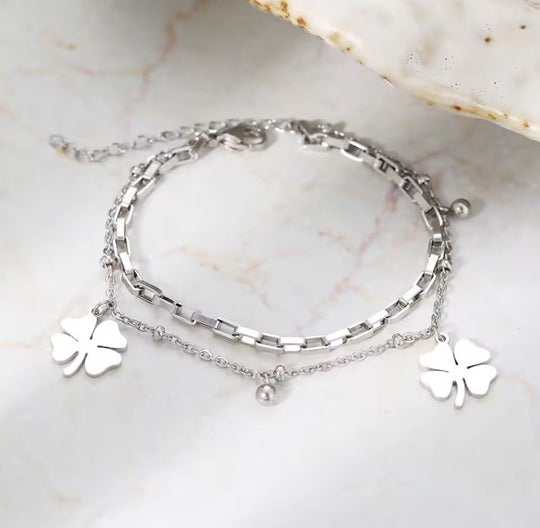 PULSERA DOS TREBOL PLATEADA