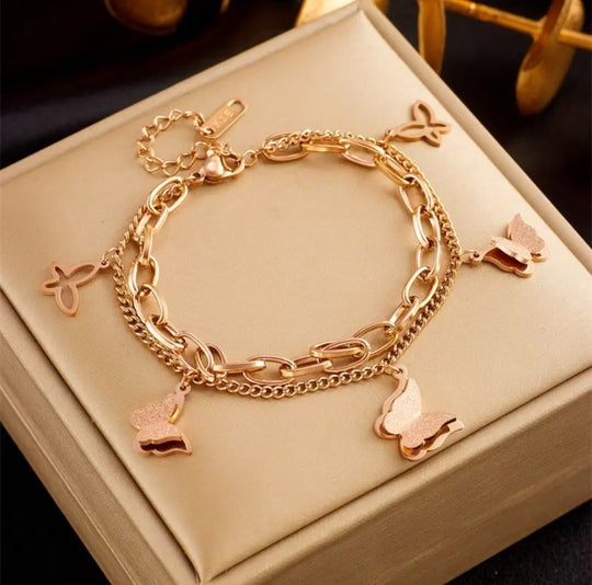 Pulsera Doble Mariposas Rose Gold